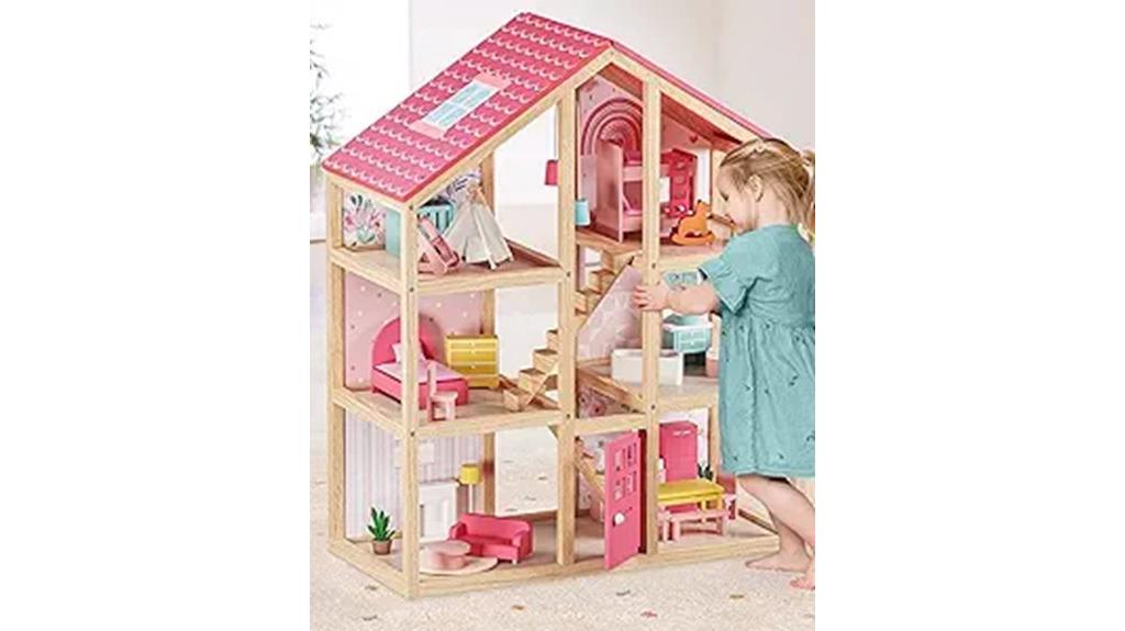 wooden dollhouse with furniture